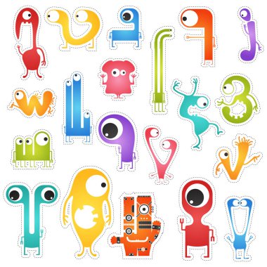 Yirmi renk sevimli canavarlar beyaz sınır kesme ile izole kümesi.