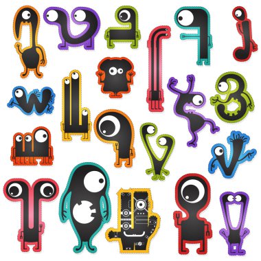 Yirmi sevimli siyah canavarlar üzerinde renk arka plan üzerinde beyaz sınır kesme ile izole kümesi