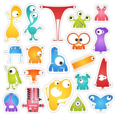 Yirmi renk sevimli canavarlar beyaz sınır kesme ile izole kümesi.