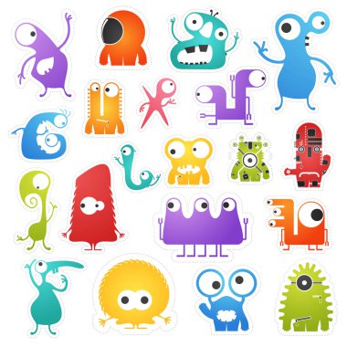 Yirmi renk sevimli canavarlar beyaz sınır kesme ile izole kümesi.