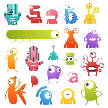 Yirmi renk sevimli canavarlar beyaz sınır kesme ile izole kümesi.