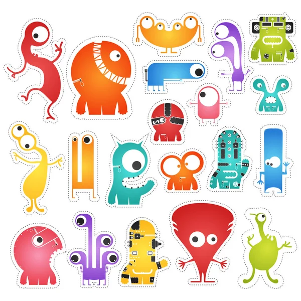 Set of twenty color cute monsters isolated on white with border for cutting. — Stock Vector