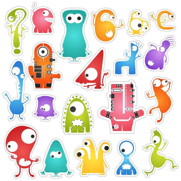 Set of twenty color cute monsters isolated on white with border for cutting. — Stock Vector