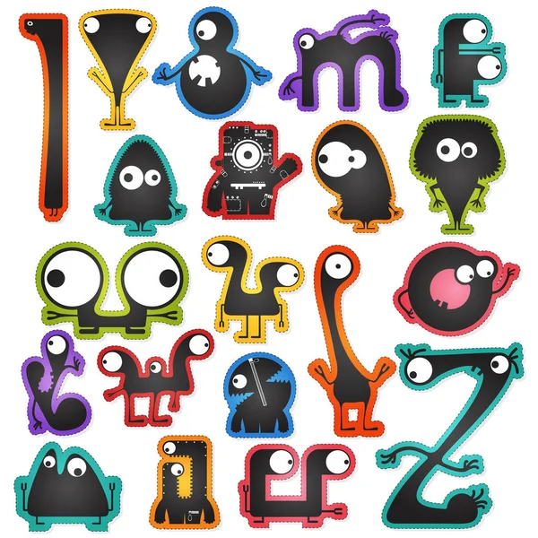 Set of twenty cute black monsters on color background isolated on white with border for cutting — Stock Vector