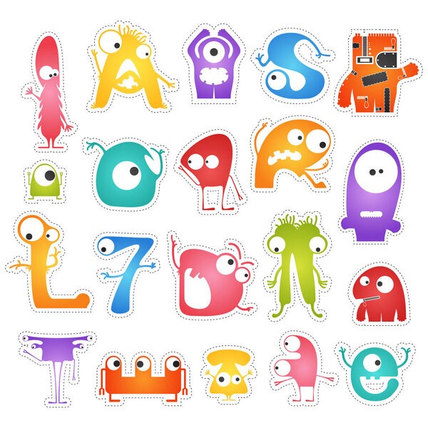 Set of twenty color cute monsters isolated on white with border for cutting.