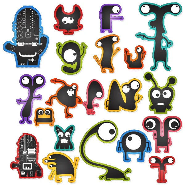 Set of twenty cute black monsters on color background isolated on white with border for cutting — Stock Vector