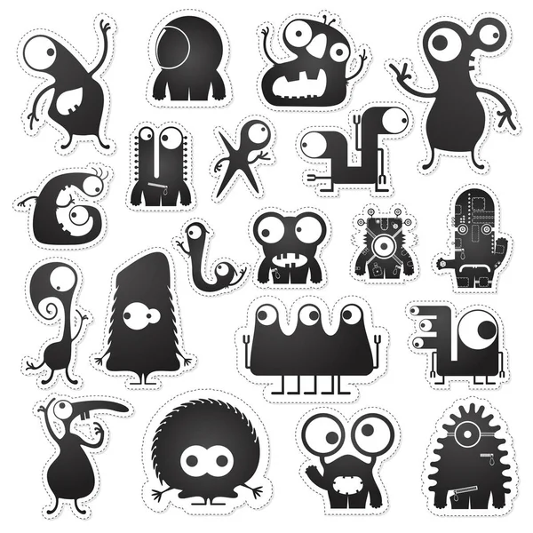 Set of twenty black and white cute monsters isolated on white with border for cutting. — Stock Vector