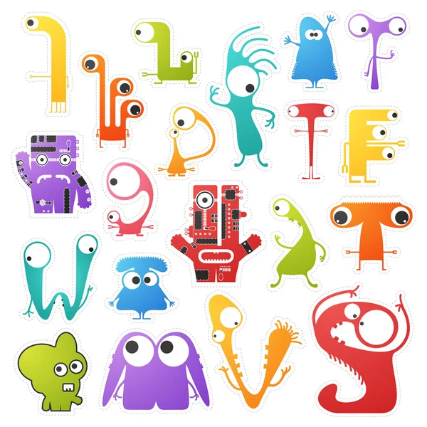 Set of twenty color cute monsters isolated on white with border for cutting. — Stock Vector