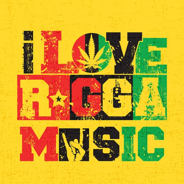 A vörös, fekete és zöld levelek, "I love Ragga zene" kannabisz levél belső kör a grunge sárga háttér. Poszter, — Stock Vector