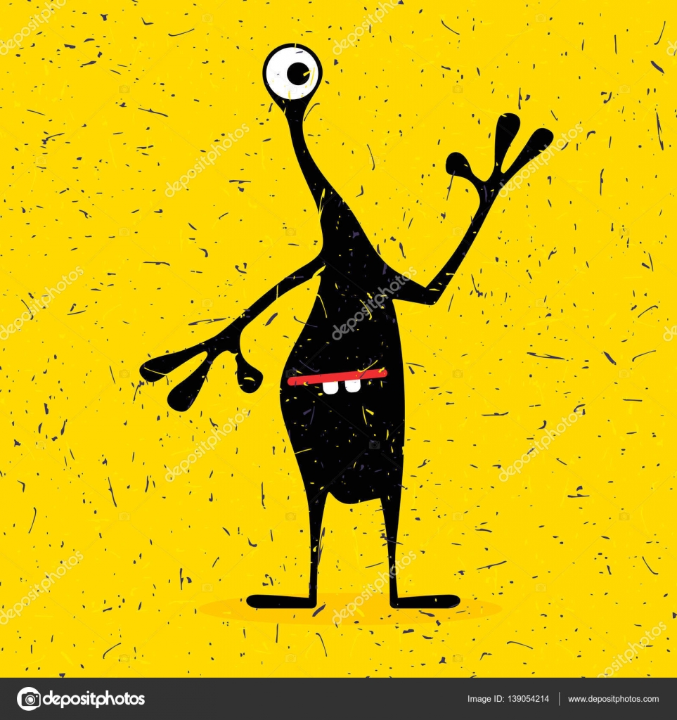 Cute Black Monster With Emotions On Grunge Yellow Background