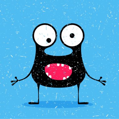 Grunge mavi zemin üzerine duygularla sevimli siyah canavar.