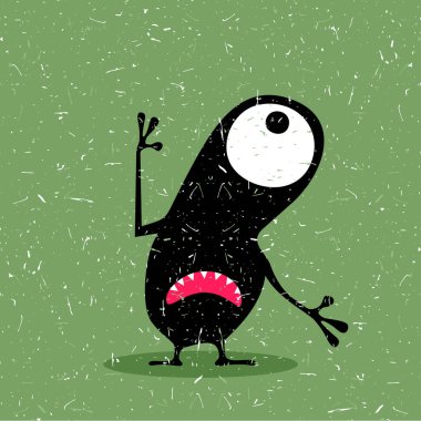 Grunge koyu yeşil zemin üzerine duygularla sevimli siyah canavar.