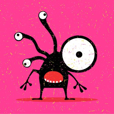 Grunge pembe arka plan üzerinde duygularla sevimli siyah canavar.