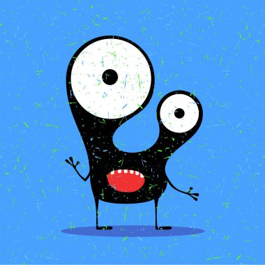 Grunge mavi zemin üzerine duygularla sevimli siyah canavar.