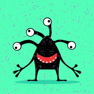 Grunge aqua yeşil zemin üzerine duygularla sevimli siyah canavar.