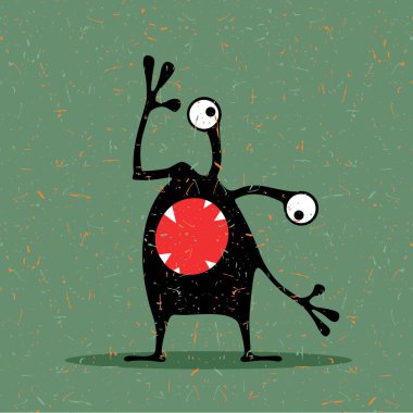 Grunge sevgilim yeşil zemin üzerine duygularla sevimli siyah canavar.