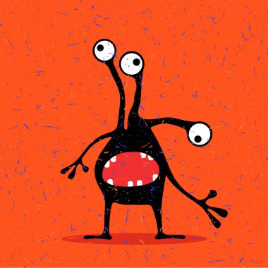 Grunge turuncu zemin üzerine duygularla sevimli siyah canavar.