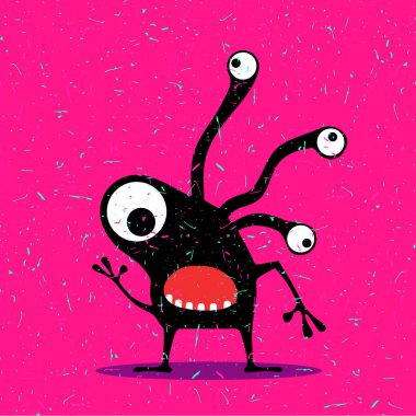 Grunge pembe arka plan üzerinde duygularla sevimli siyah canavar.