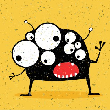 Grunge Sarı zemin üzerine duygularla sevimli siyah canavar.