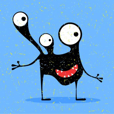 Grunge açık mavi renkli duygular ile sevimli siyah canavar.