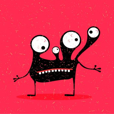 Grunge kırmızı zemin üzerine duygularla sevimli siyah canavar.