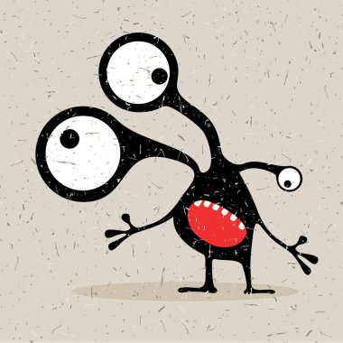 Grunge gri arka plan üzerinde duygularla sevimli siyah canavar.