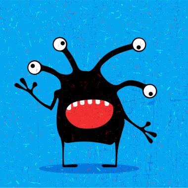 Grunge mavi zemin üzerine duygularla sevimli siyah canavar.