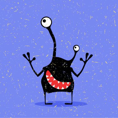 Grunge kozmik mavi zemin üzerine duygularla sevimli siyah canavar.