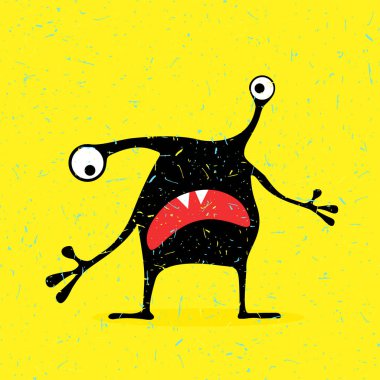 Grunge Sarı zemin üzerine duygularla sevimli siyah canavar.