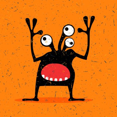 Grunge turuncu zemin üzerine duygularla sevimli siyah canavar.