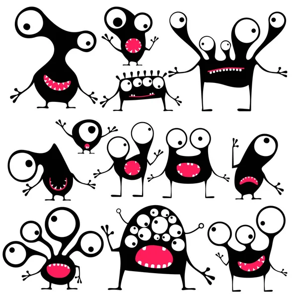Conjunto de doce lindos monstruos negros con diferentes emociones — Vector de stock