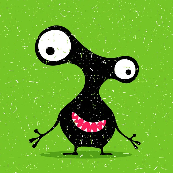 Schattig zwarte monster met emoties op grunge groene achtergrond. — Stockvector