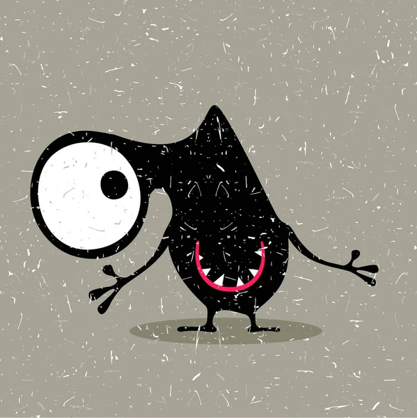 Nettes schwarzes Monster mit Emotionen auf grunge-grauem Hintergrund. — Stockvektor