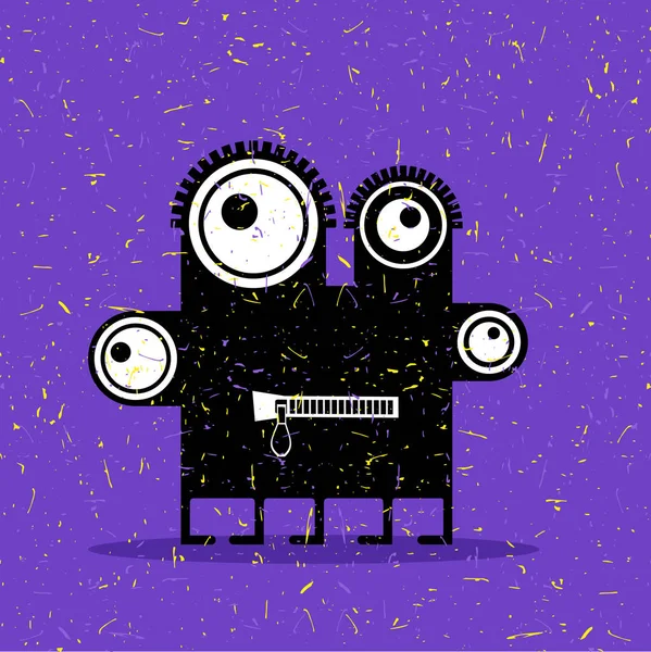 Cute black monster with emotions on grunge violet background. — Stock Vector