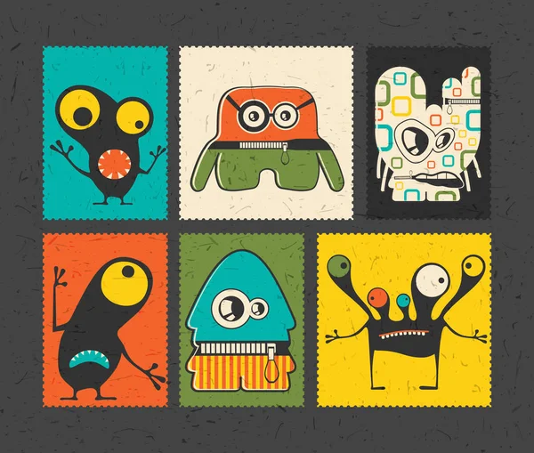 Set van zes retro van postzegel met grappige monsters op andere kleur achtergrond, — Stockvector