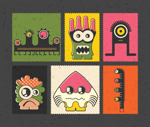 Set mit sechs Retro-Briefmarken mit lustigen Monstern auf verschiedenfarbigem Hintergrund, — Stockvektor