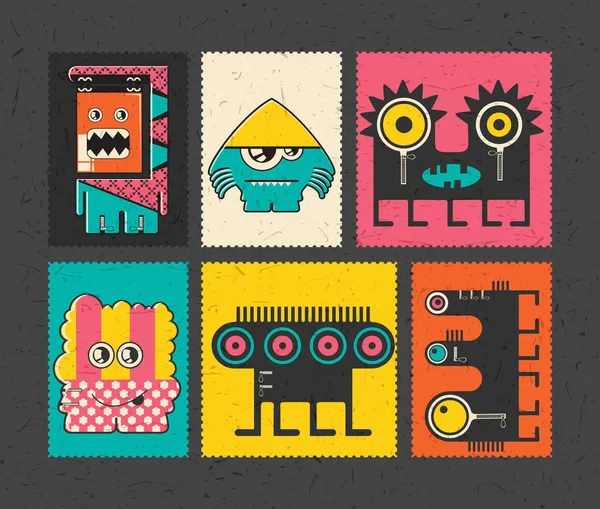 Conjunto de seis selos de postagem retro com monstros engraçados em diferentes cores de fundo , —  Vetores de Stock