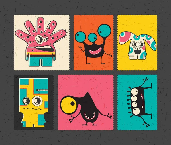 Set of six retro postage`s stamp with funny monsters on different color background, — Stock Vector