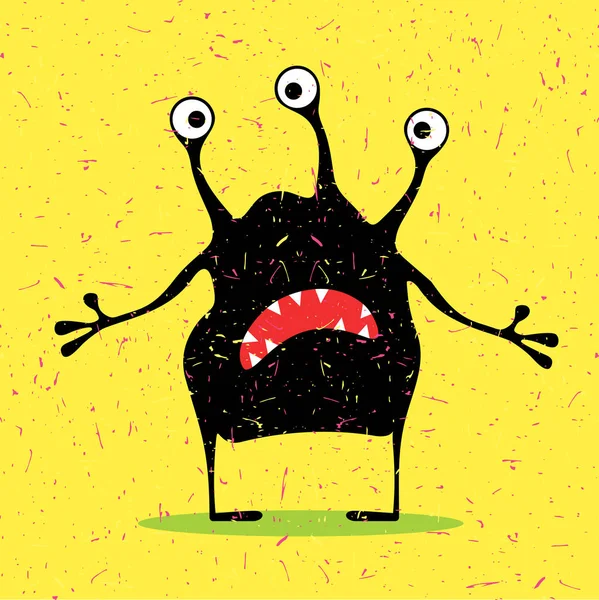 Cute black monster with emotions on grunge light yellow background. — Stock Vector