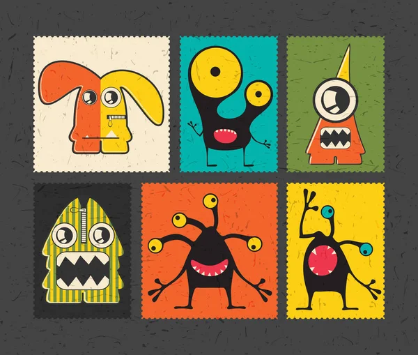 Set di sei francobolli retrò con mostri divertenti su sfondo di colore diverso . — Vettoriale Stock