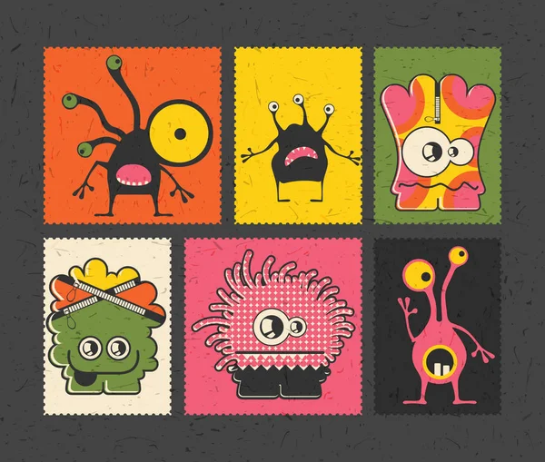 Set de seis sellos de franqueo retro con divertidos monstruos sobre fondo de diferentes colores . — Vector de stock