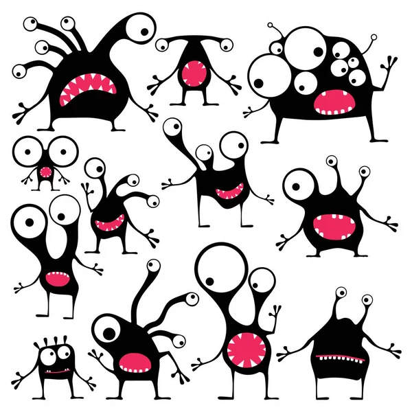 Conjunto de doce lindos monstruos negros con diferentes emociones — Archivo Imágenes Vectoriales