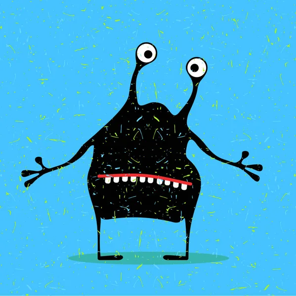 Cute black monster with emotions on grunge light blue background. — Stock Vector