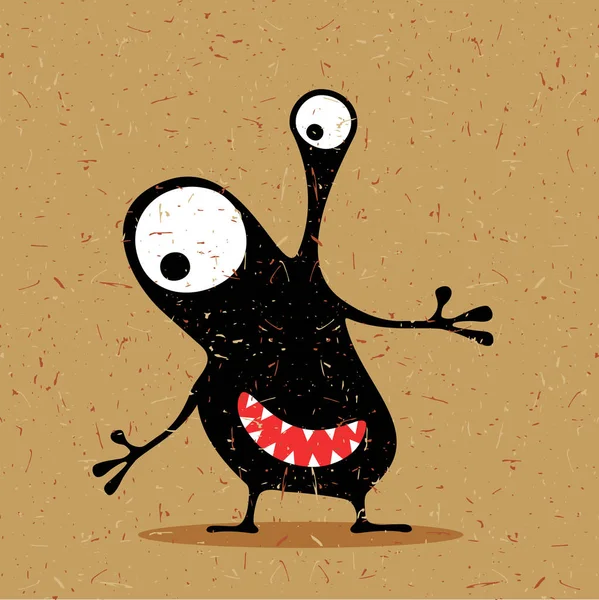 Cute black monster with emotions on grunge brown background. — Stock Vector