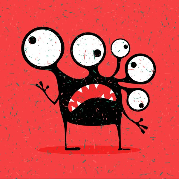 Cute black monster with emotions on grunge red background. — Stock Vector