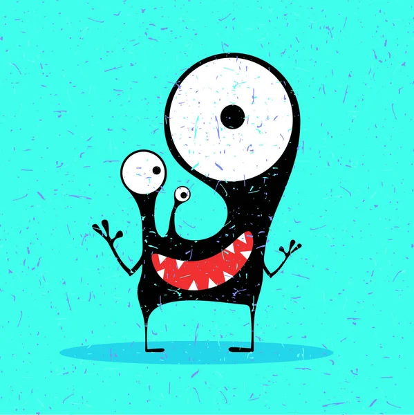 Niedliches schwarzes Monster mit Emotionen auf Grunge Aqua hellblauem Hintergrund. — Stockvektor