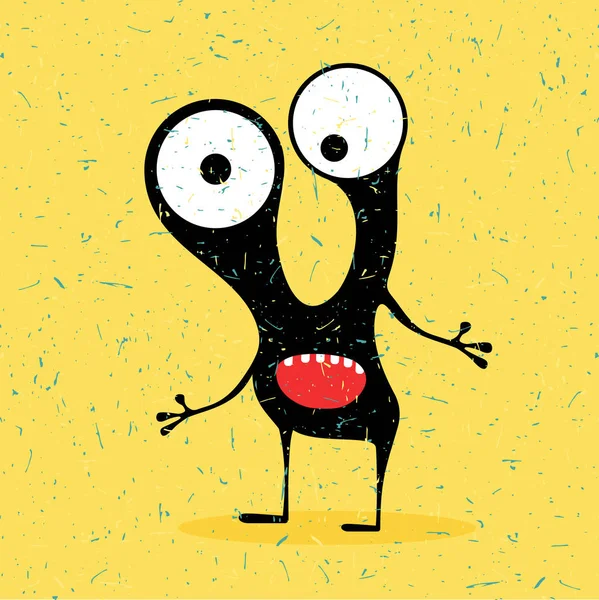 Cute black monster with emotions on grunge yellow background. — Stock Vector