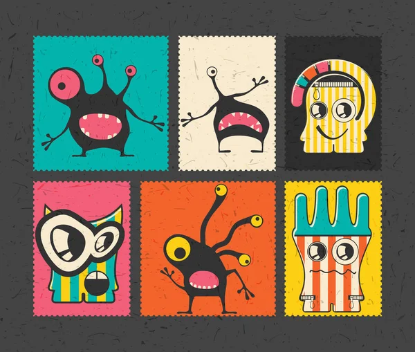 Set de six timbres postaux rétro avec des monstres drôles sur fond de couleur différente . — Image vectorielle