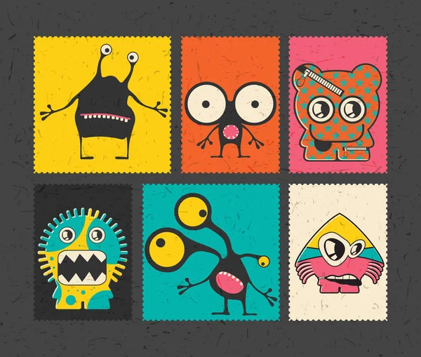 Set de seis sellos de franqueo retro con divertidos monstruos sobre fondo de diferentes colores . — Vector de stock