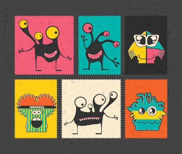 Set of six retro postage`s stamp with funny monsters on different color background. — Stock Vector